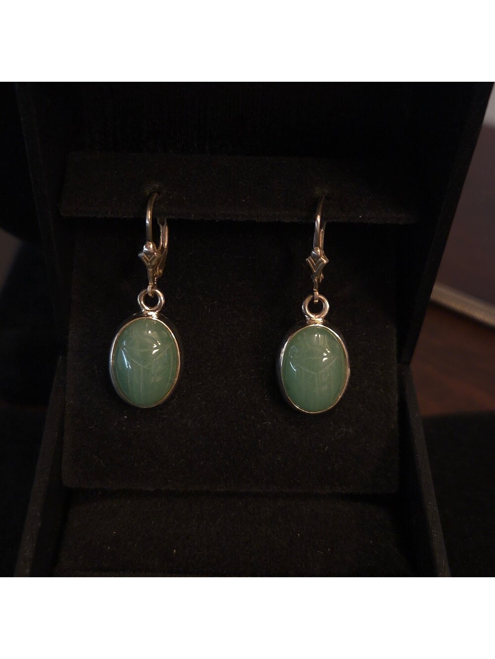 Vintage Sterling Silver Carved Green Scarab Earrings